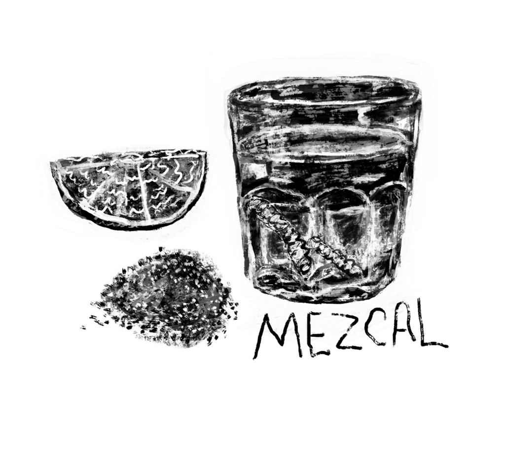 Drawing of Mezcal in glass with chile and lime