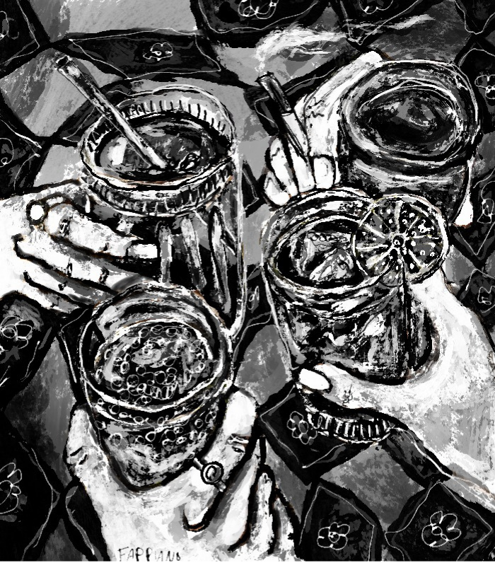 Drawing of a friends clinking glasses