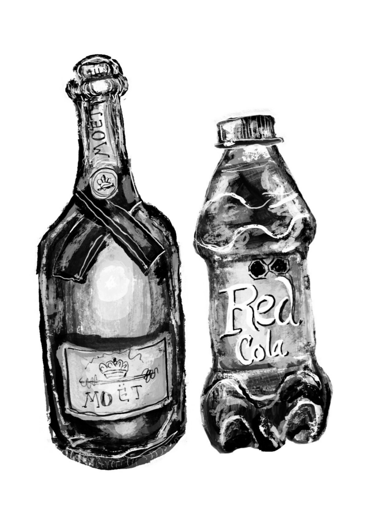 Drawing of a bottle of Moet and red cola soda